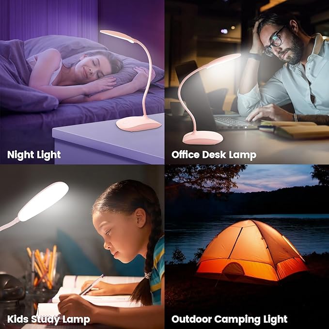 Battery Powered Desk Lamp, Portable Lamps Rechargeable 3 Color Modes Touch Control Stepless Dimming, Wireless Desk Lamp with 2000mAh, Small LED Table Light for Dorm Study Office Bedroom,Pink(2-PACK)