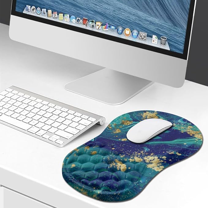 Hokafenle Ergonomic Mouse Pad Wrist Support, Wrist Rest Mousepad for Carpal Tunnel with Integrated Memory Foam Slope Massage Bulge (11.8x7.9 inch,Blue Gold)