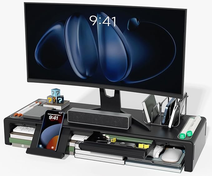 OImaster Monitor Stand Riser, Foldable Computer Monitor Riser, Adjustable Length Computer Stand and Storage Drawer & Pen Slot, Phone Stand Compatible Computer, Desktop, Laptop, Save Space (Black)
