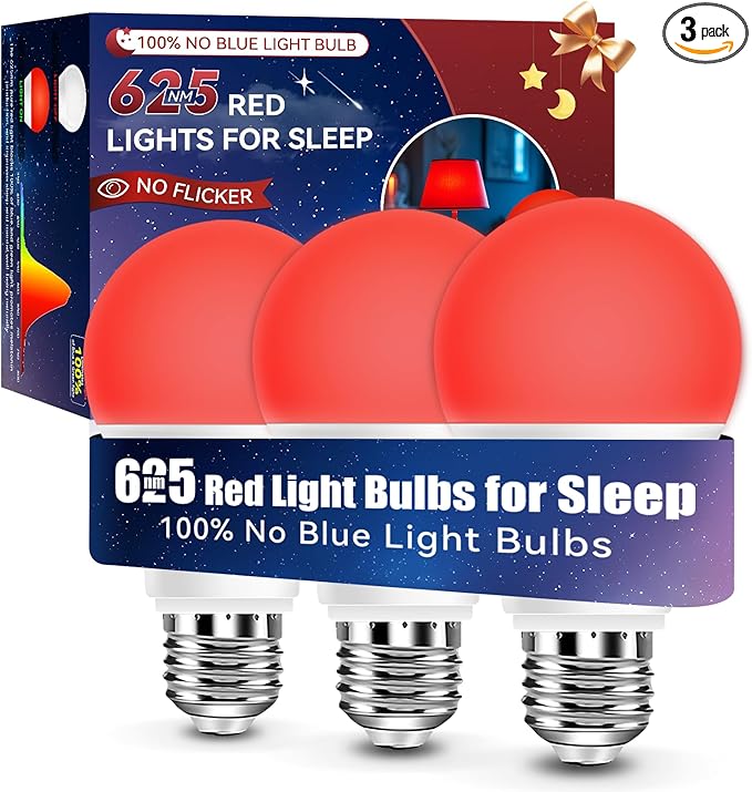 Neporal Red Light Bulbs for Sleep 9W, 100% Blue Light Blocking Red Night Light, 625nm Sleep Light for Melatonin Promoting, A19 60W Equivalent Dim Light Bulbs for Bedroom, Baby Nursery,3 Pack