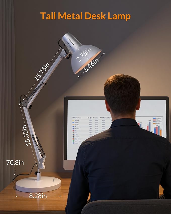 LEPOWER Metal Desk Lamp, Adjustable Goose Neck Architect Table Lamp with On/Off Switch, Swing Arm Desk Lamp with Clamp, Eye-Caring Reading Lamp for Bedroom, Study Room &Office (White)