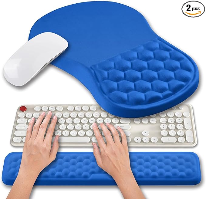 Hokafenle 2 in 1 Ergonomic Mouse Pad Wrist Support & Wrist Rest for Computer Keyboard Set, with Memory Gel Massage Bulge Design (2In1 Set, Dg Blue)
