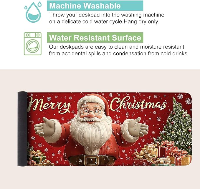 Desk Mat, XXL Extended Gaming Pad for Desktop, 31x12 Inches Jolly Santa with Tree, Large Non-Slip Vegan Leather Surface with Stitched Edges, Keyboard Mouse Mat for Home Office