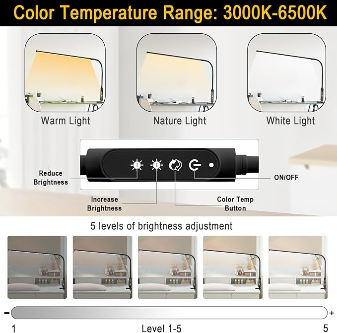 CGBE Nail Light for Desk: 360° Adjustable Nail Lamp for Desk with 3 Color Modes 5 Brightness, 23.6-Inch Led Desk Lamp for Salon Manicurist Tattoo Crafts Sewing Work Reading Game - Black
