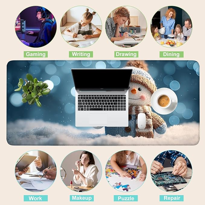 Desk Mat, XXL Extended Gaming Pad for Desktop, 35x16 Inches Scarf and Hat Snowman, Large Non-Slip Vegan Leather Surface with Stitched Edges, Keyboard Mouse Mat for Home Office