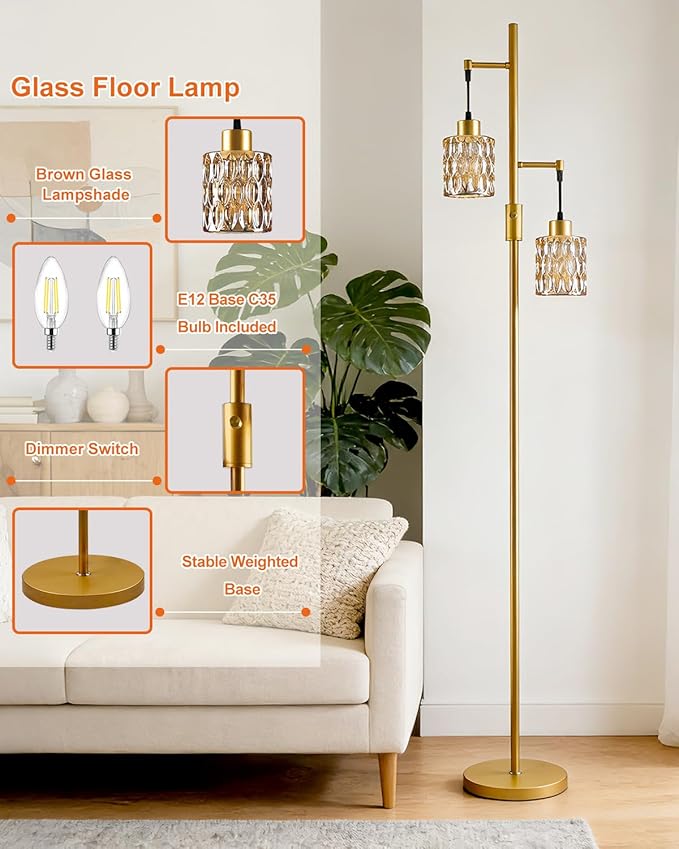 2-Light Gold Floor Lamp, 65IN Tall Standing Lamps Dimmable with Amber Glass Lampshade, 3000K Warmwhite Mid Century Modern Floor Lamp for Living Room/Bedroom