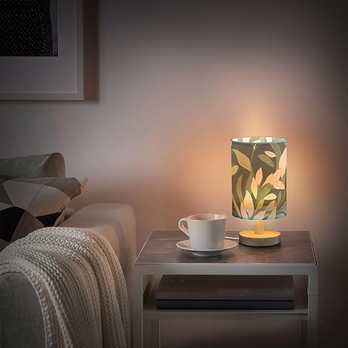 Green Leaf LED Table Lamp, Bedside Lamp with Linen Lampshade, Flicker-Free Eye Care USB Plug in Nightstand Lamp, for Bedroom and Office