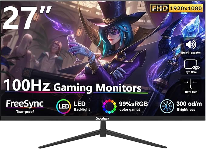 27 inch Gaming Monitor VA 100Hz Computer Monitor Built-in Speakers Full HD 1920 x 1080P with HDMI Interface Eye Care Frameless 100 x 100mm VESA with 3-Side Virtually Borderless Design