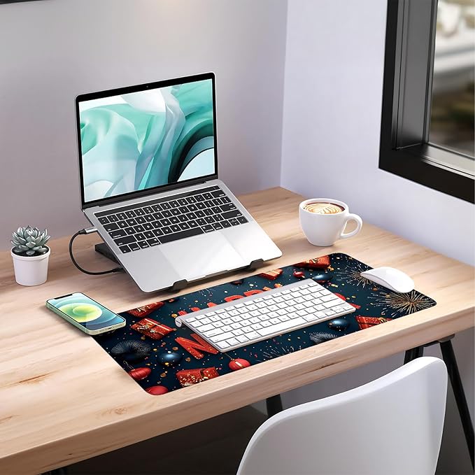Happy New Year Extended Gaming Mouse Pad 31.5x11.8inches Large Desk Mat Anti-Slip Rubber Base & Durable Stitched Edges for Gamers Smooth Mouse Writing Surface for Desk Office/Home