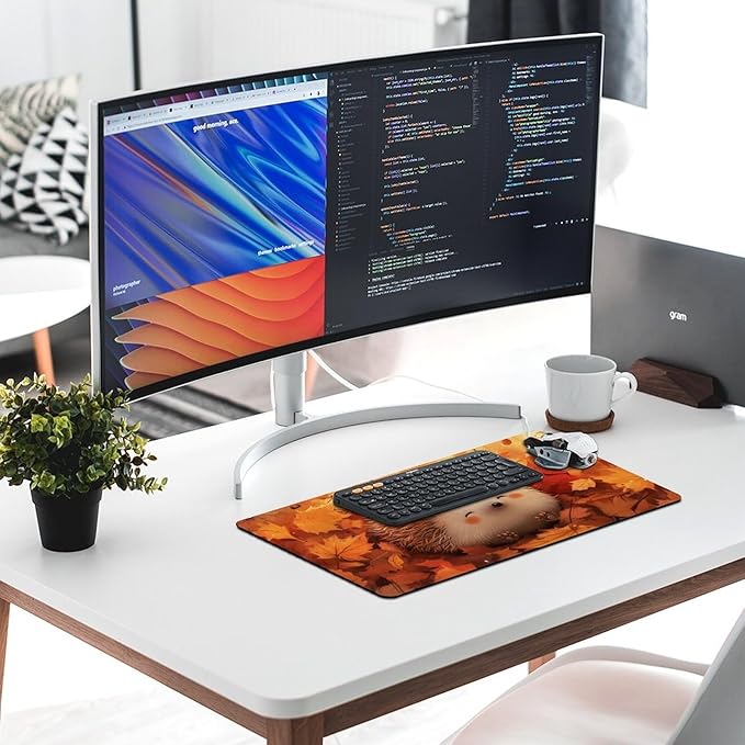 Large Ergonomic Gaming Mouse Pad Cozy Hedgehog in Autumn Leaves - Cute Forest Animal Theme with Non-Slip Base Water-Resistant Surface and Stitched Edges 30x60cm