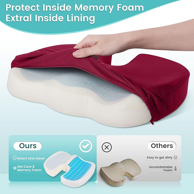 Office Chair Seat Cushion, Cooling Gel Enhanced Memory Foam Cushion for Long Sitting - Back, Coccyx & Tailbone Support Pillow - for Office, Gaming, Car, Wheelchair - Red, X-Large