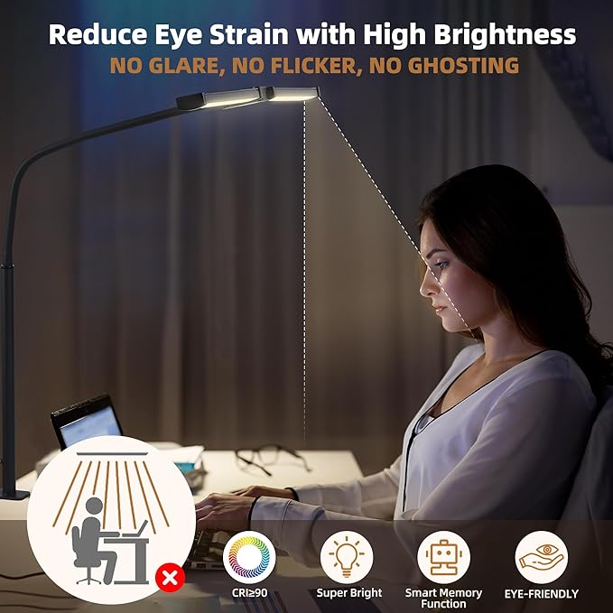 Led Desk Lamp for Home Office, Eye-Care Architect Light with Clamp, Smart Double Head Computer Monitor Table Clip Lamp, Adjustable Flexible Goose-Neck, 25 Lighting Models, Task Lamp, Black