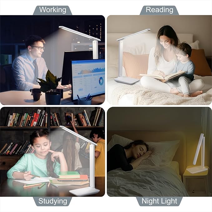 WOOST Cordless Desk Lamp, Small Desk Lamp, LED Rechargeable Travel Desk Light, Portable, Eye-Friendly, Foldable, Wireless Table Lamp with 3 Color Modes, Touch Control, Dimmable, Nail Light for Desk