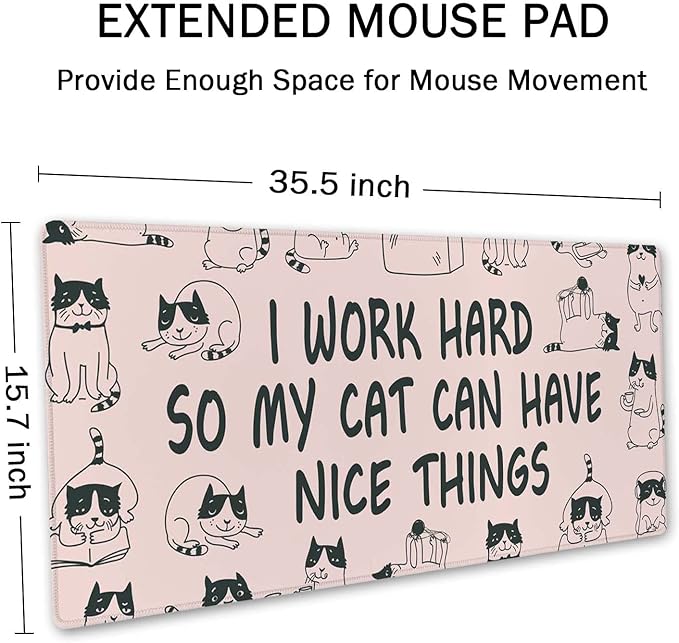 SSOIU Funny Cats Quote Extended Gaming Mouse Pad (35.5x15.7 in), Large Non-Slip Rubber Base Mousepad with Stitched Edges, Waterproof Keyboard Mouse Mat Desk Pad for Work, Game, Office, Home