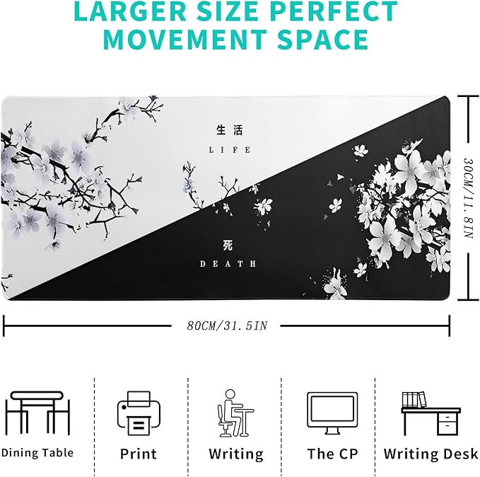 Black and White Japanese Cherry Blossom Gaming Mouse Pad Sakura Death Life Flower Mat 31.5x11.8 Inch Texture Non-Slip Rubber Base Mousepad Stitched Edges Keyboard Desk Pad for Office Home Game