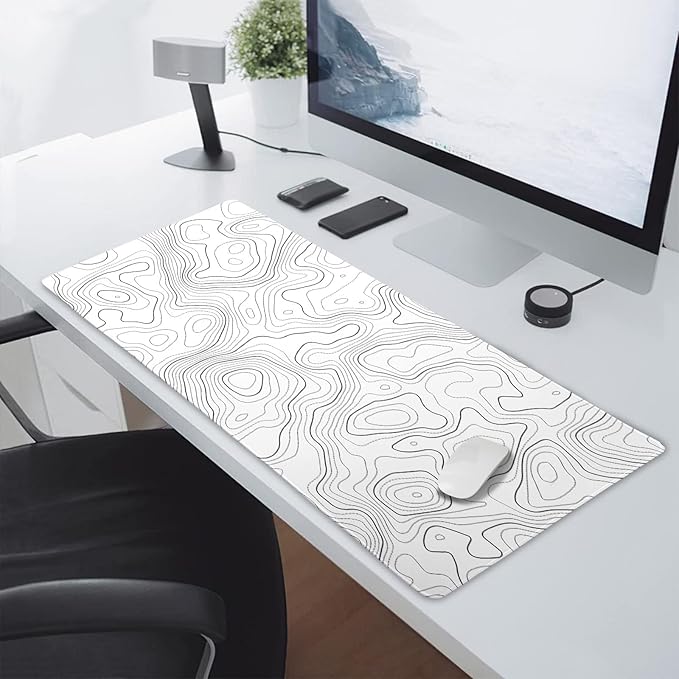 aportt Topographic Map Large Mouse Pad XXL White Lines Contour Geographic Extended Desk Mat Big 90X40 CM Non-Slip Rubber Base Stitched Edge Long Mousepad,35.4 x 15.7 Inch