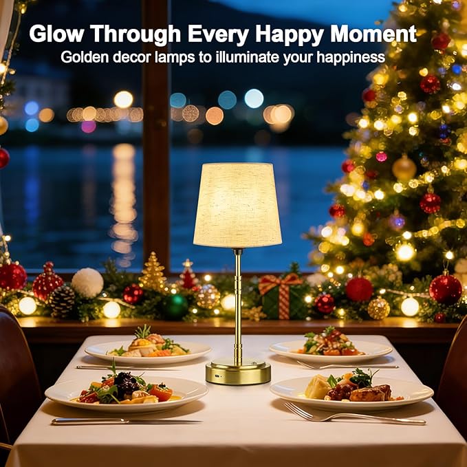 Cordless Table Lamps Set of 2 – Battery Operated Lamp with 7500mAh Rechargeable Battery, Stepless Dimmable Brushed Gold Lamps with Beige Shade, Wireless Lamps for Dining Room(Bulbs Included)