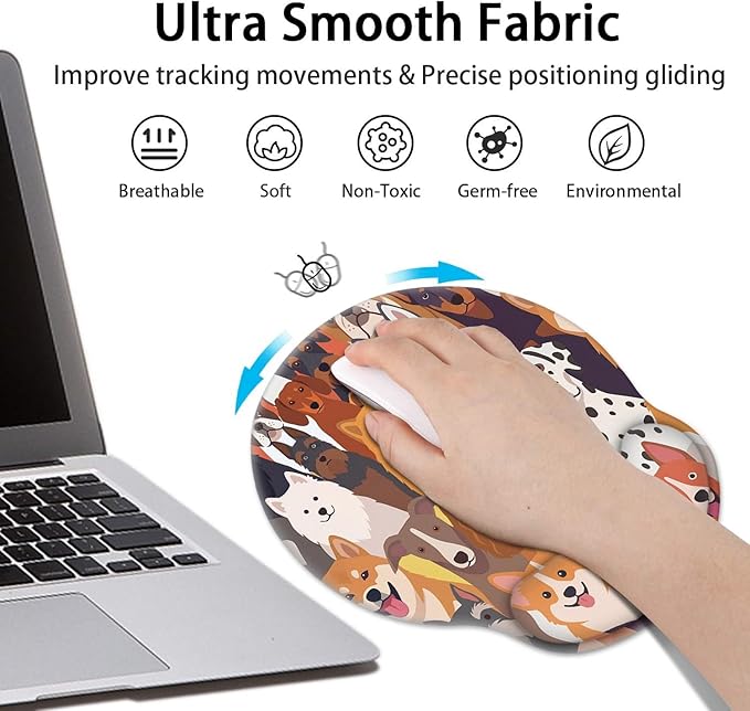 Britimes Ergonomic Mouse Pad Set with Wrist Rest Colorful Doodle Dogs Non-Slip Rubber Base Wrist Cushion Support and Coasters Mousepad with Wrist Support for Computer Keyboard and Desk