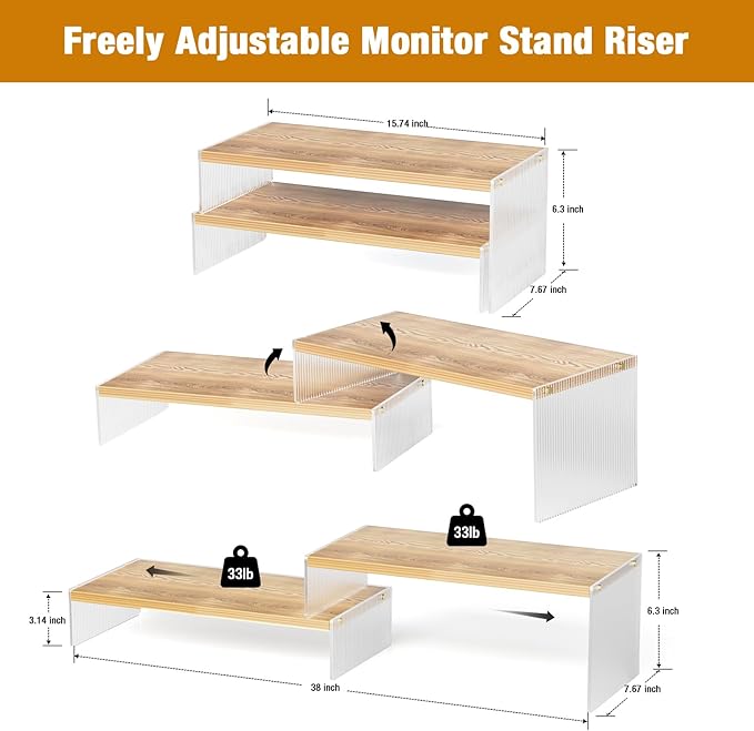 Adjustable Monitor Stand Riser with Acrylic Legs丨15.74" Length Dual Monitor Stand for Desk丨2-Tier Wood Desktop Organizer for Computer, Laptop, Printer & PC丨Modern Aesthetic Desk Shelf(wood-wavy)