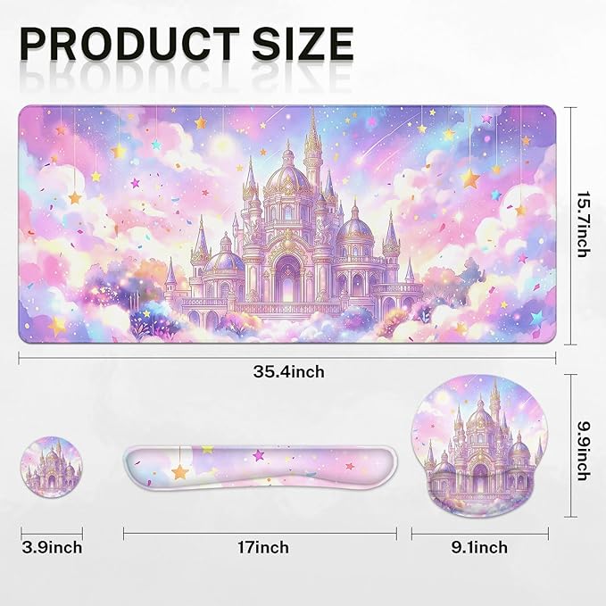 Arttown Pink Castle Desk Mat Star Ribbons Mouse Pad Set 4 in 1 Ergonomic Design Large Mouse Pad + Keyboard Wrist Rest + Mouse Wrist Rest + Coaster Suitable for Home Office Study Game