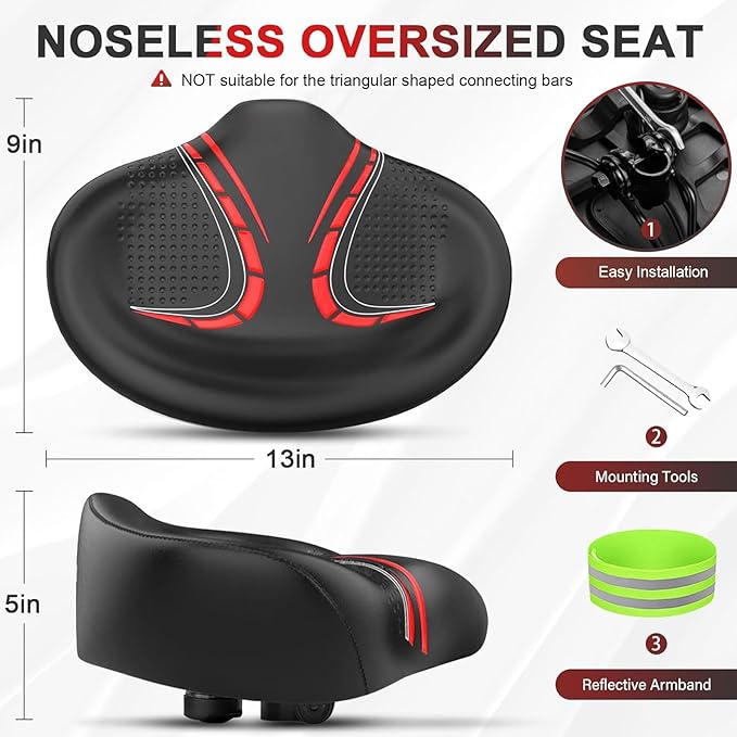 BLUEWIND New Noseless Oversized Bike Seat, Wide Bicycle Saddle Novel Backrest Design for Electric Bike, Universal Fit Exercise Bike or Road Stationary Bike Seat Cushion for Men & Women