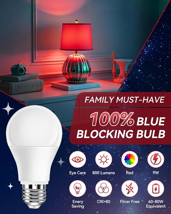 Neporal Red Light Bulbs for Sleep 9W, 100% Blue Light Blocking Night Light, 625nm Red Light Bulb for Melatonin Promoting, A19 60W Equivalent Dim Light Bulbs for Bedroom, Baby Nursery,6 Packs