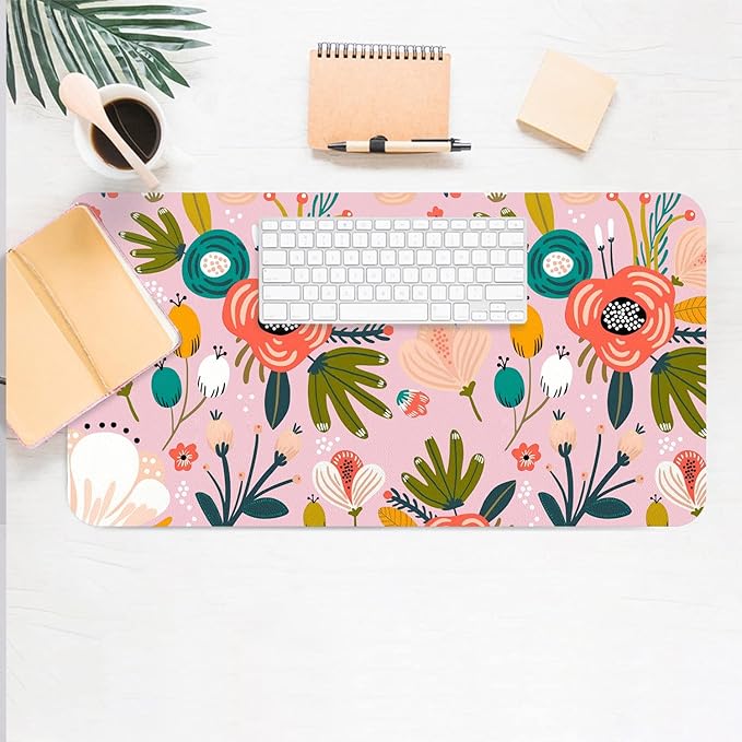 Desk Mat Large Protector Pad 31.5" ×15.7", Non-Slip PU Leather Desk Blotter, Waterproof Mouse Pad for Office Home Pink Floral