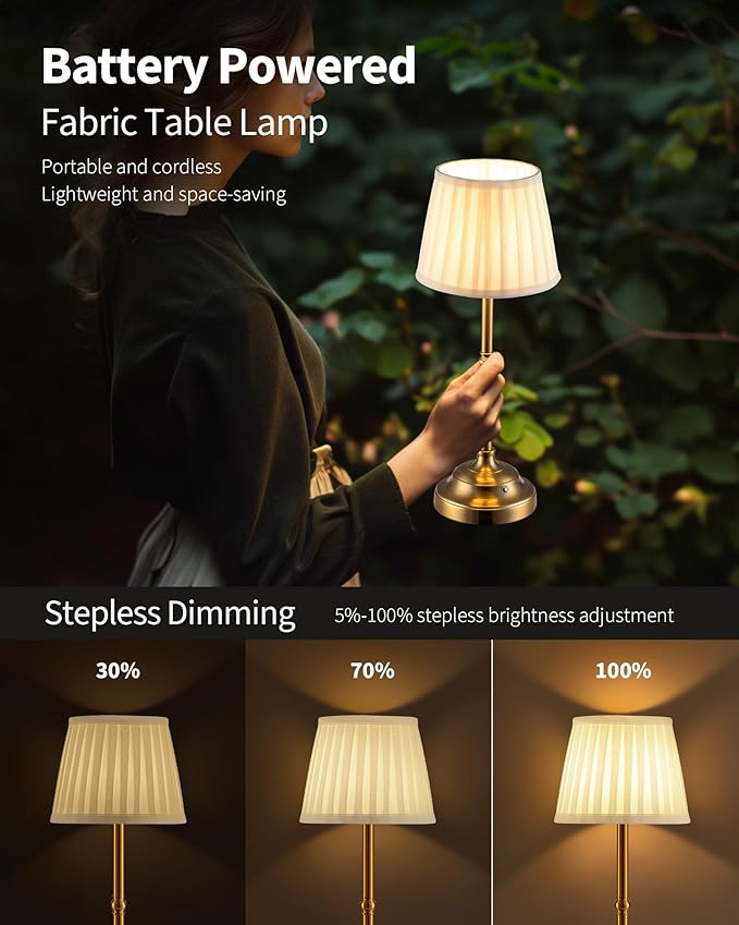 KDG Cordless LED Table Lamp Set of 2, Portables Fabric Shade Desk Lamps, 4000mAh Rechargeable Battery Powered Lighting, Dimmable Light for Dining Room, Bedroom, Bedside, Night Light, Balcony (Gold)