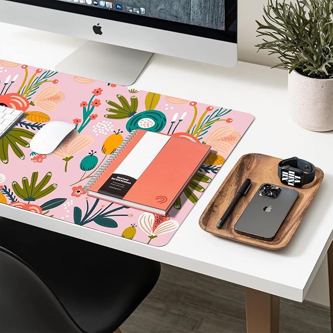 Desk Mat Large Protector Pad 31.5" ×15.7", Non-Slip PU Leather Desk Blotter, Waterproof Mouse Pad for Office Home Pink Floral