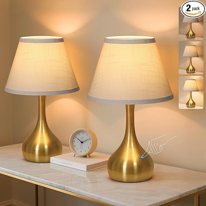 17” Touch Table Lamp for Bedroom Set of 2, 3-Way Dimmable Bedside Lamp for Nightstand, Modern Metal Desk Lamp with Linen Shade for Living Room, Kids Reading, Dorm, Home Office Decor, Bulb Included
