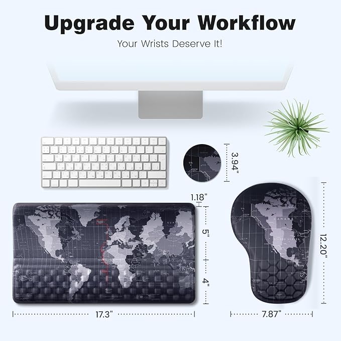 Ospelelf Ergonomic Mouse Pad and Keyboard Stand Wrist Rest Set, Memory Foam Comfort, Wrist Support for Typing, Office Desk Accessories, Map