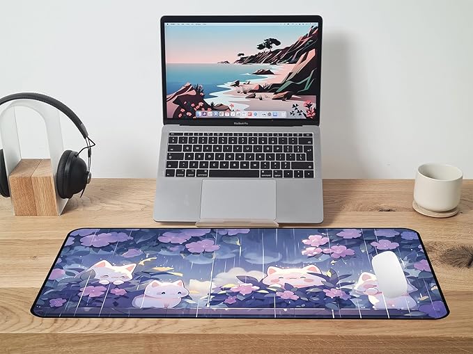 Cute Anime Office Desk Pad, White Cat Rain Keyboard and Mouse Pad XXL, Large Size Game Desk Mat, Purple Flower Laptop Desktop Pad, Women Kawaii Office Home Decoration Accessories 31.5"X15.7"