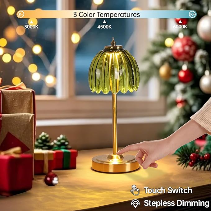 Set of 2 Tulip Table Lamp with 5000mAh Battery & Touch Control, Cordless Table Lamp with 3 Colors, Dimmable Rechargeable Table Lamps for Bedroom, Living Room, Entryways (Green Tulip)