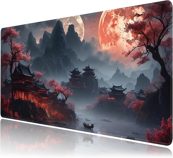 Desk Mat, Japanese Full Moon XXL 35.4"x15.7"Large Gaming Mouse Pad, 3mm Thick Gaming Keyboard Pad,Desk Pad Non-Slip Rubber Base with Stitched Edges for Office Game Home Decor