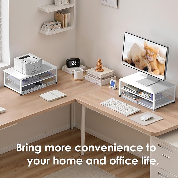2-Tier Computer Monitor Stand Riser, Desk Organizer for Monitor, Printer & Laptop Stand, Desktop Workspace Organizers for Office Supplies(White)