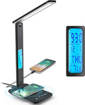 Desk Lamp with USB Charging Port,Wireless Charger LED Desk Lamp,Adjustable Foldable Table Lamp with Clock, Alarm, Date,5 Levels Dimmable Lighting,Home Office Lamp for Studying, Reading,Working (Black)