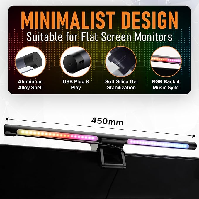Beam Monitor Light Bar, LED Light bar for Eye Caring, e-Reading, LED Desk Lamp with Auto-Dimming, Touch Control, No Screen Glare, Space Saving, Home Office Task Lamps Black (RGB Backlight)