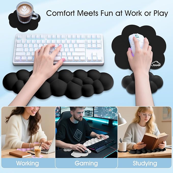 Cloud Wrist Rest Keyboard Cushion, 4-in-1 Ergonomic Cloud Keyboard Wrist Rest and Mouse Pad Set with Memory Foam Arm Support for Palm, Cute Desk Accessory for PC Gaming Setup, Black
