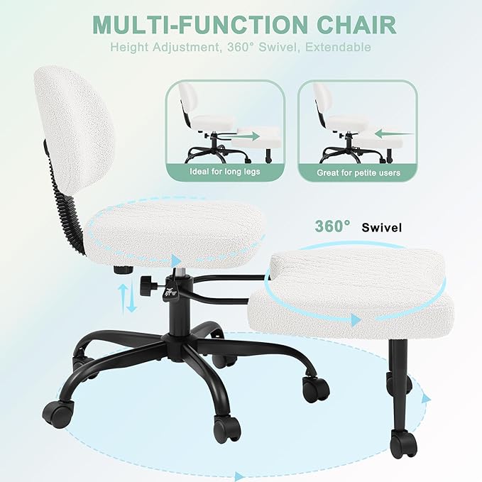 GUNJI Ergonomic Criss Cross Legged Office Chair, 360° Swivel Meditation Kneeling Chair with Wheels, ADHD Chair with Footrest, Lumbar Support, Wider Height Adjustable Seat (White, Faux Leather)