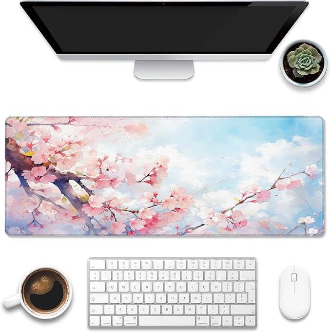 Large Gaming Mouse Pad for Desk,Cherry Blossom Tree Desk Mat for Desktop,Watercolor Floral Desk Pad, Extended Big Computer Keyboard Mouse Pad with Non-Slip Base Stitched Edges 31.5"x11.8"