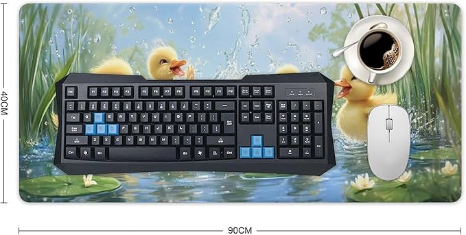 Large Ergonomic Gaming Mouse Pad Playful Ducklings in Pond - Cute Waterfowl Theme with Non-Slip Base Water-Resistant Surface and Stitched Edges 40x90cm