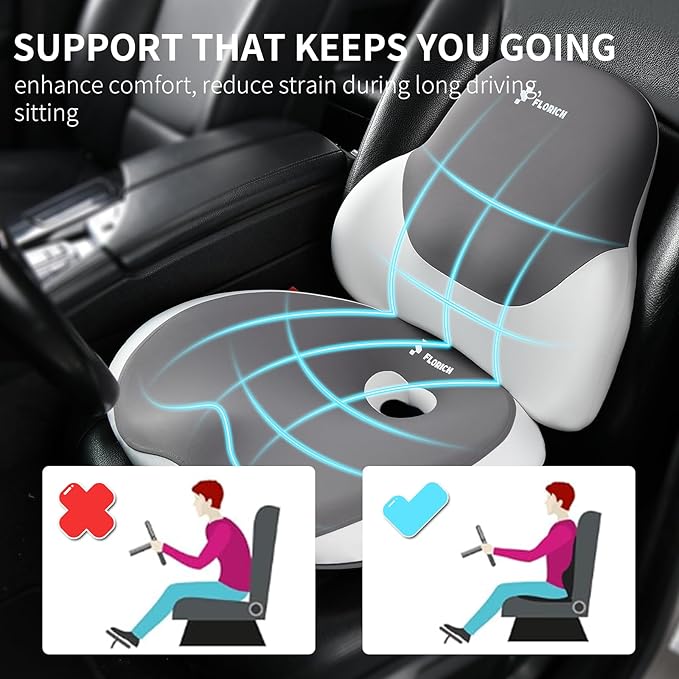 FLORICH Seat Cushion Lumbar Support Pillow for Office Chair, Car Lower Back Support, Ergonomic Desk Chair Pillow for Butt and Back Support of Memory Foam Seat Pad(Grey)