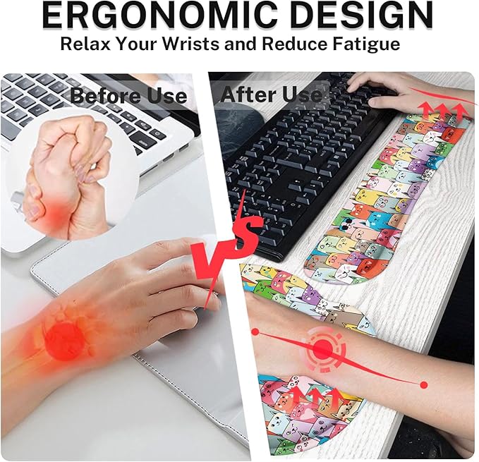 Arttown Cute Colorful Cats Desk Mat Animal Mouse Pad Set 4 in 1 Kawaii Ergonomic Design Large Desk Pad + Keyboard Wrist Rest + Mouse Wrist Rest + Coaster Suitable for Home Office Study Game
