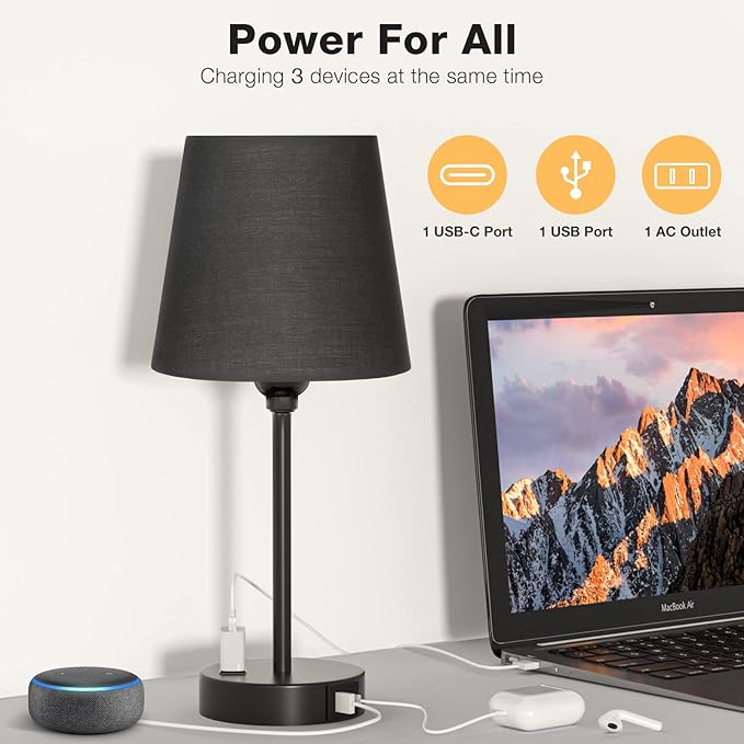 Acaxin Black Lamp for bedrooms Set of 2 - Nightstand Bedroom Lamp with USB C Port and AC Outlet Charging, 3 Way Dimmable Touch Control Bed Side Table Lamp, Small Night Stand Light for Men/Kids