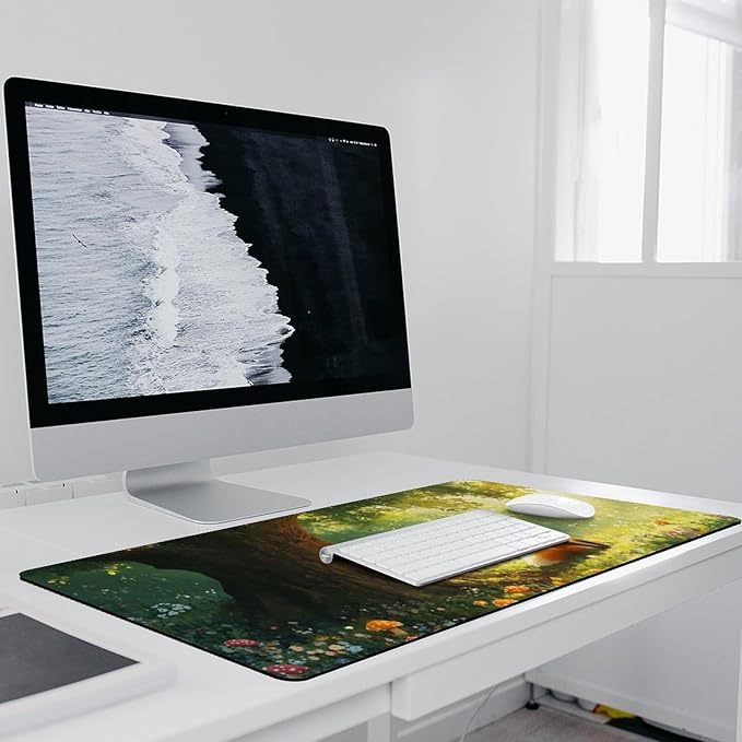 Cute Fox Mouse Pad, Large Extended Desk Mat 40×90cm (16''×36'')， Forest Animal Gaming Mousepad with Non-Slip Rubber Base, Stitched Edges, Water-Resistant for Office Home