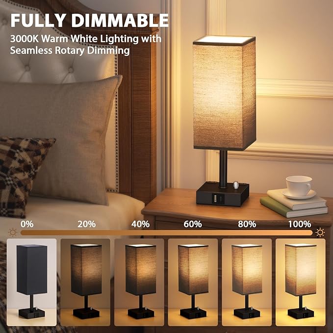 aooshine Black Fully Dimmable Nightstand Lamps Set of 2 - Table Bedside Lamp with USB C+A Charging Ports & 2 AC Outlets, Square Lamp Sets Linen Fabric Shade for Bedroom Living Room(Bulb Included)
