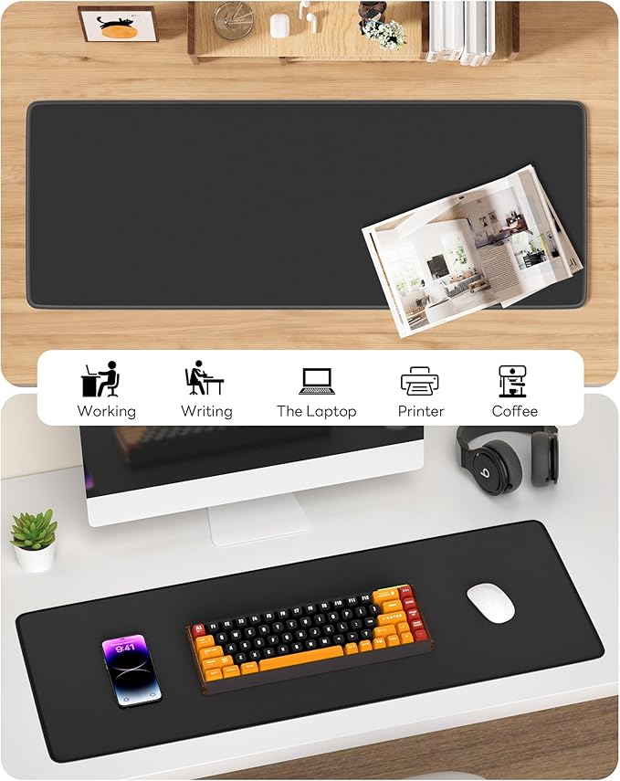 Black Mouse Pad, 31.5 x 11.8 Large Desk Mat with Stitched Edges & Non-Slip Base, Mousepad for Office, Home, Work