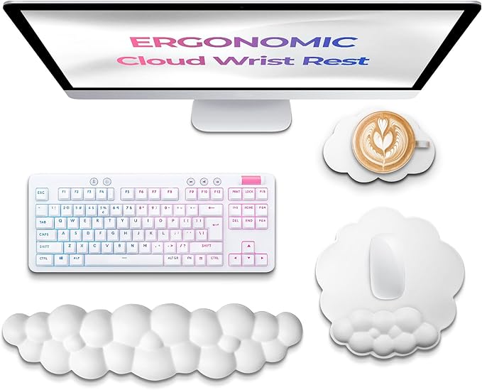 Premium Quality Cloud Wrist Rest Keyboard & Mouse Pad Set – Ergonomic Memory Foam Desk Accessories with Wrist Support for Office & Gaming – White Lether