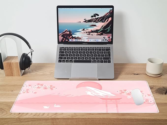 Pink Desk Pad, Japanese Mount Fuji Mouse Pad XXL, Cute Cherry Blossom Deskmat, Large Anime Game Computer Keyboard Mouse Mats, Women Full Desktop Protector, Home Office Accessories 31.5"X15.7"
