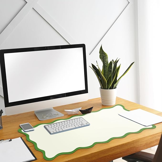Scalloped Desk Mat Large Scalloped Piping Cute Desk Mat Aesthetic Preppy Table Pad Large Nonslip Pad with Edge Stitching Waterproof Gaming(Green,31.5 x 15.75 Inches)